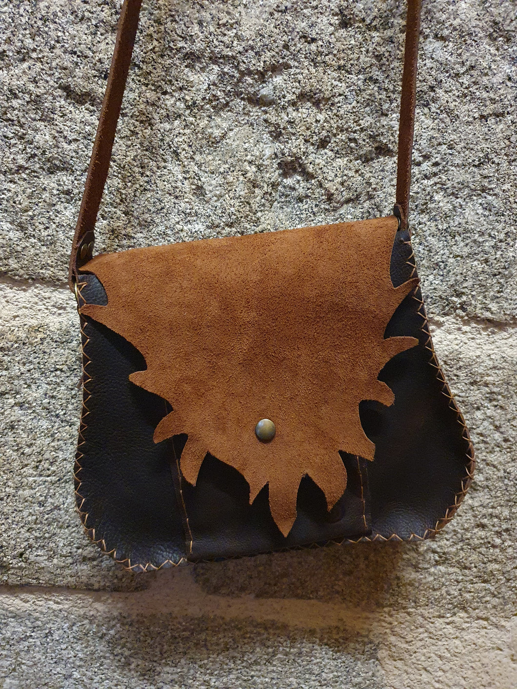 Sac artisanal goutte d'eau feuille en cuir bicolore